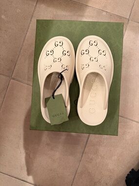 Gucci Cream Perforated GG Slip-On Clogs